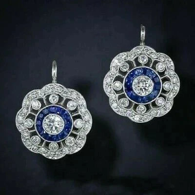 Boucles d’Oreilles Vintage Mandala Serties de Zircons Bleus