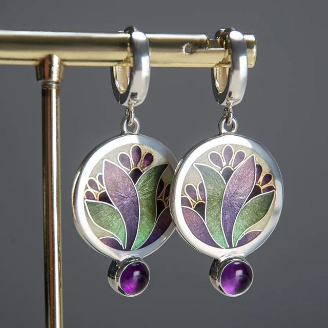 Boucles d’Oreilles Boho en Argent Ornées de Cristaux Violets