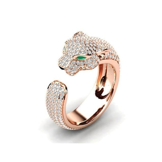 Bague Jaguar Ajustable en Argent et Or Rose 18K aux Yeux de Zircons Verts