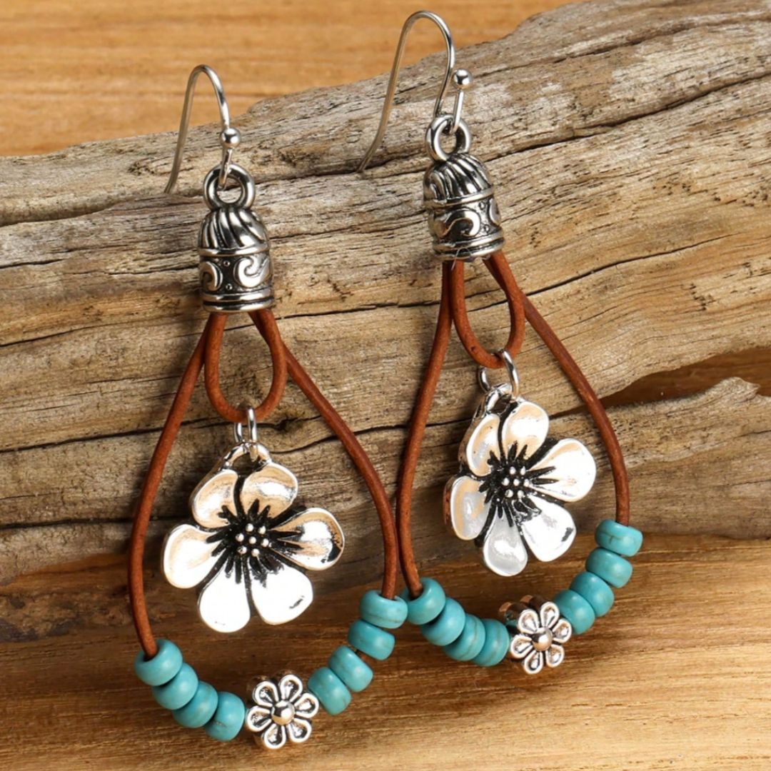 Boucles d'oreilles Boho en Argent avec Fleur en Turquoise