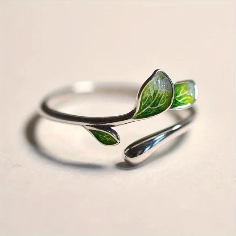 Bague ajustable en forme de feuille émaillée plaquée en argent sterling 925