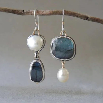 Boucles d'Oreilles Vintage en Pierre Bleue et Perles