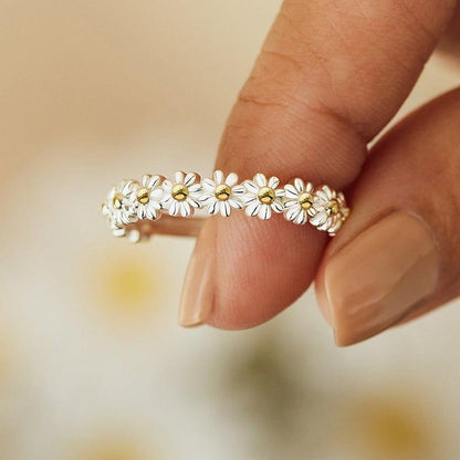 Bague Ajustable en Argent avec Marguerite en Émail Peint à la Main