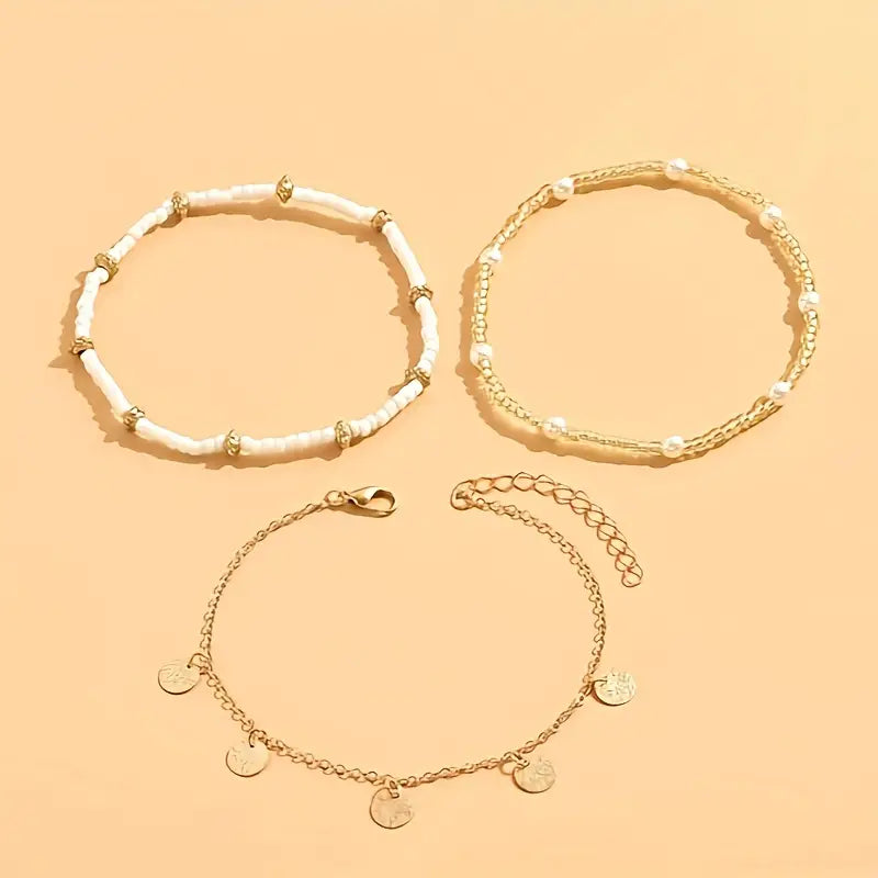 Set de Bracelets de Cheville Superposés Coastal Charm 3 pièces | Or