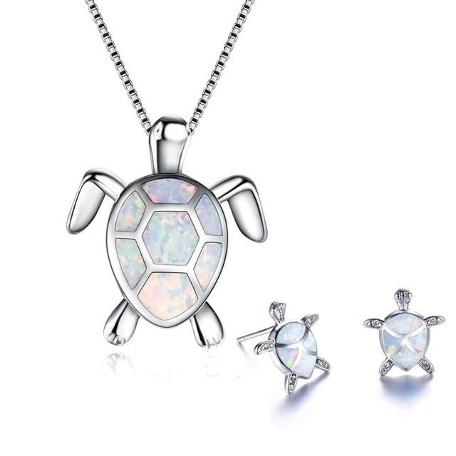 Parure Collier et Boucles d’Oreilles Tortue de Mer en Opale et Argent