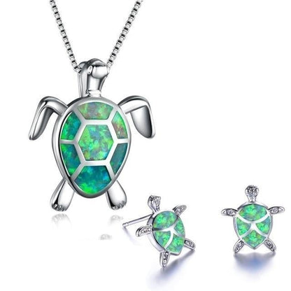 Parure Collier et Boucles d’Oreilles Tortue de Mer en Opale et Argent