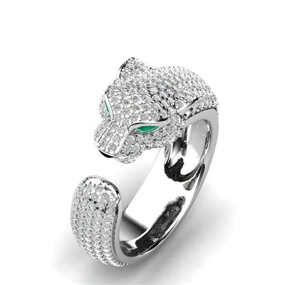 Bague Jaguar Ajustable en Argent et Or Rose 18K aux Yeux de Zircons Verts