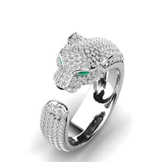 Bague Jaguar Ajustable en Argent et Or Rose 18K aux Yeux de Zircons Verts